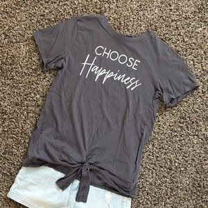 Sweet Soul Choose Happiness Tie-Front Short Sleeve Gray Tee, Size Large, Cotton